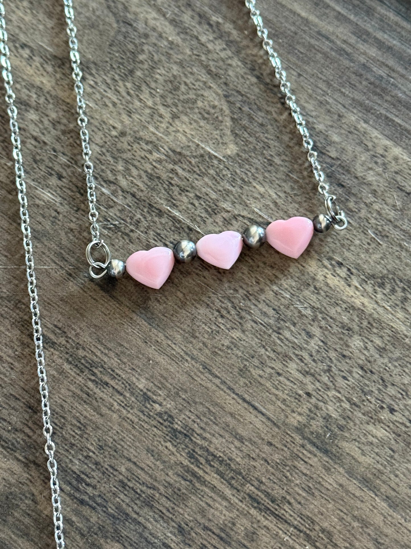 “The Corrie” Pink Conch Heart & Sterling Silver Pearl Bar Necklace