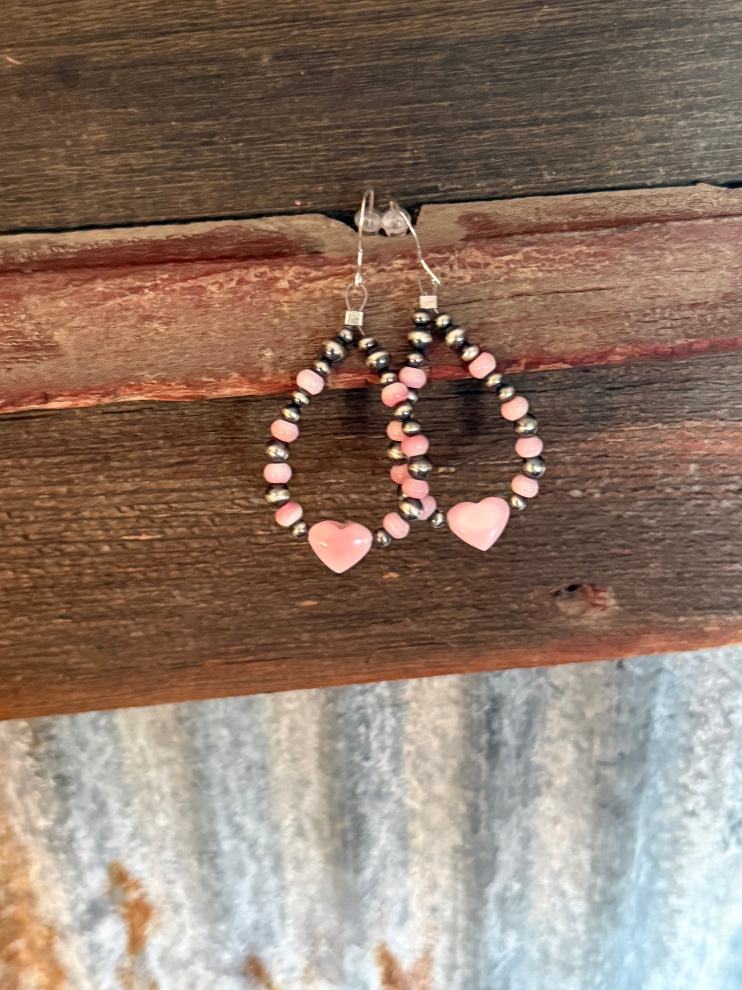 “The Lucille” Pink Conch Hearts & Sterling Silver Pearl Hoop Earrings