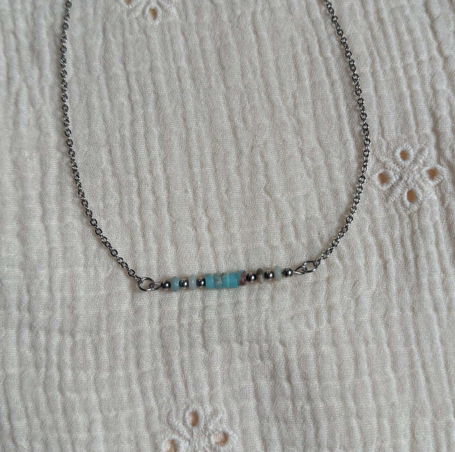 Sterling Silver Pearl & Blue Stone Bar Necklace "The Martha"