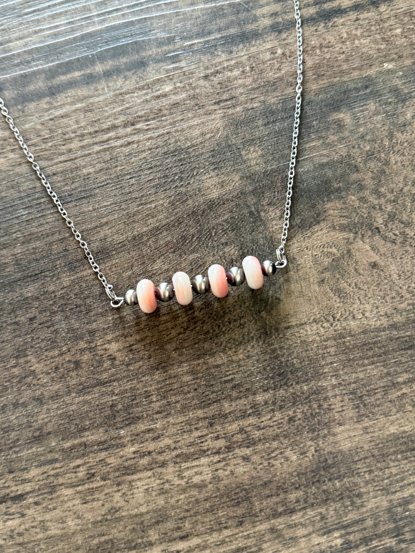 “The Paisley” Pink Conch & Sterling Silver Pearl Bar Necklace