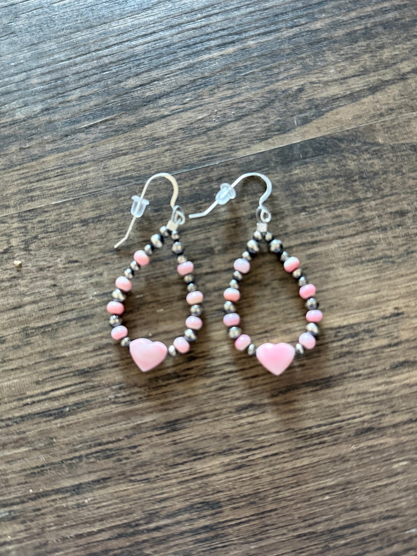 “The Lucille” Pink Conch Hearts & Sterling Silver Pearl Hoop Earrings