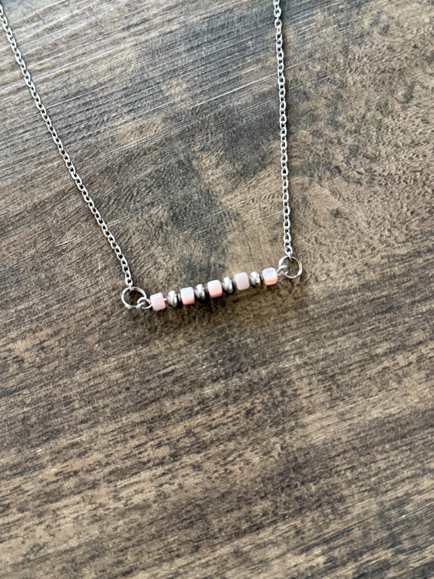 “The Shelly” Pink Shell & Sterling Silver Pearl Bar Necklace