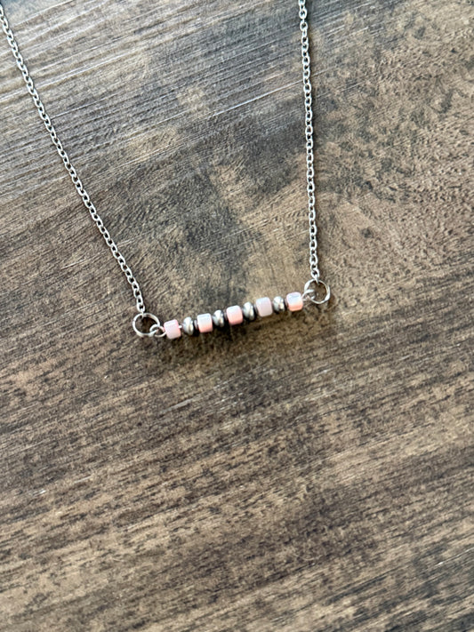 “The Shelly” Pink Shell & Sterling Silver Pearl Bar Necklace
