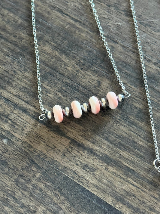 “The Paisley” Pink Conch & Sterling Silver Pearl Bar Necklace