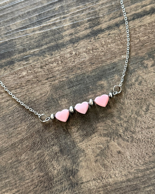 “The Corrie” Pink Conch Heart & Sterling Silver Pearl Bar Necklace