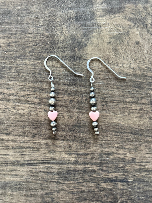 “The Hallie” Pink Conch Heart & Sterling Silver Pearl Dangle Earrings