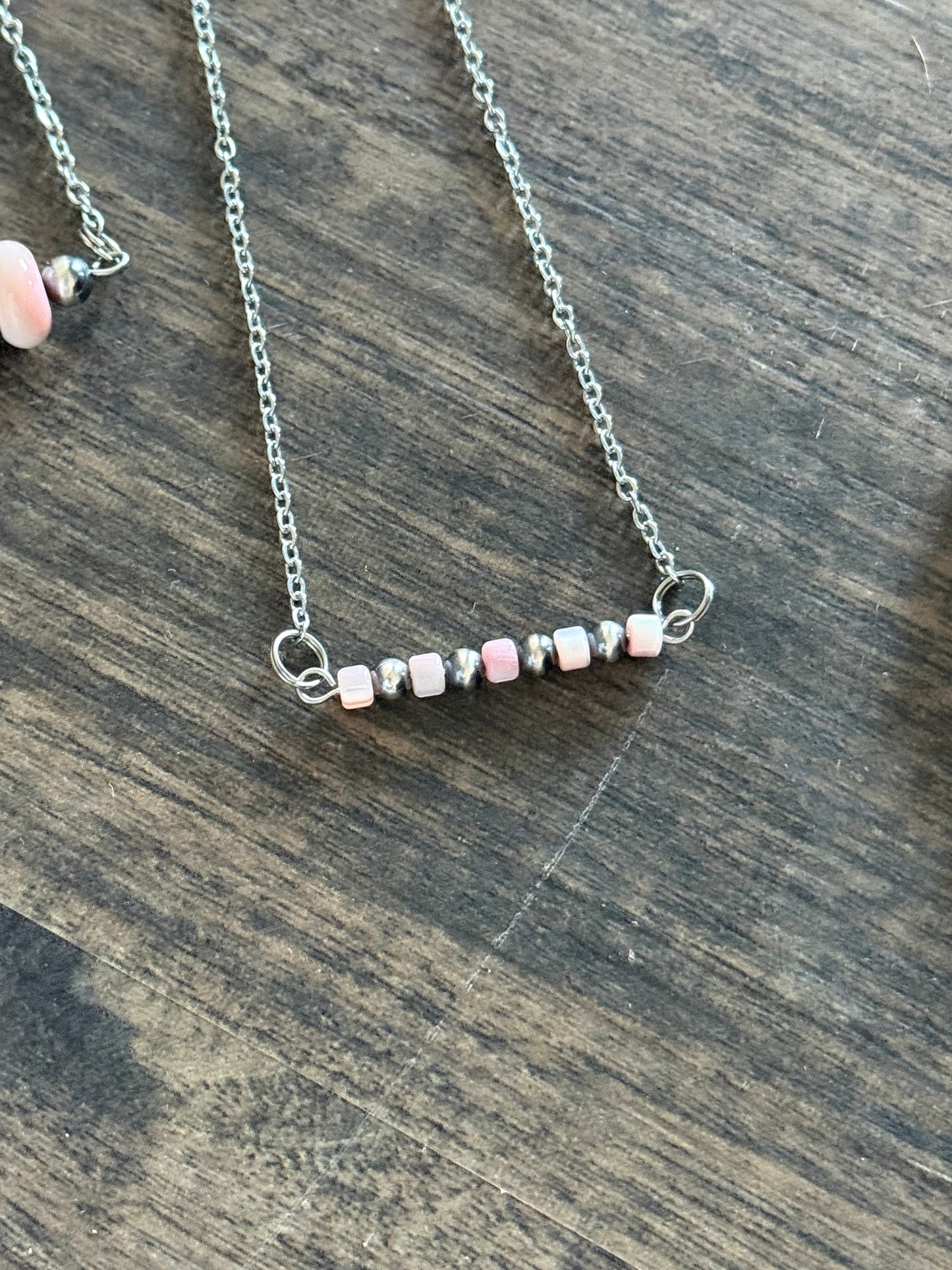 “The Shelly” Pink Shell & Sterling Silver Pearl Bar Necklace