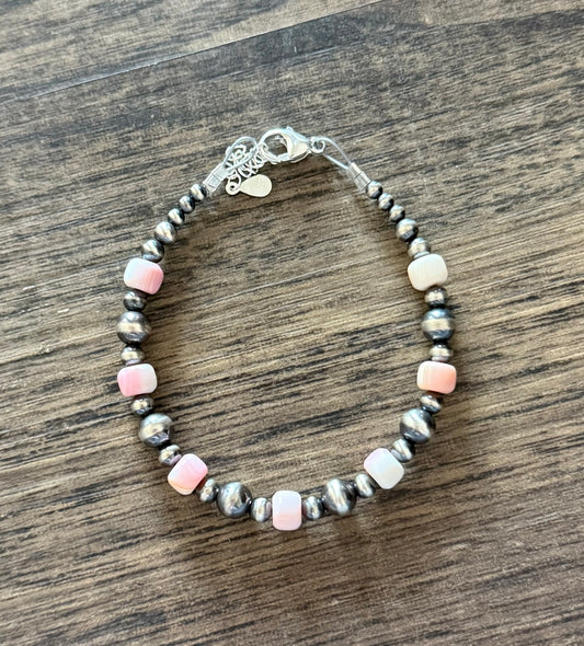 “The Adeline” Pink Conch & Sterling Silver Pearl Bracelet