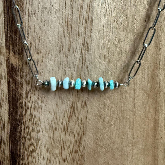 Sterling Silver Pearl & Rock Chip Bar Necklace "The Cody"