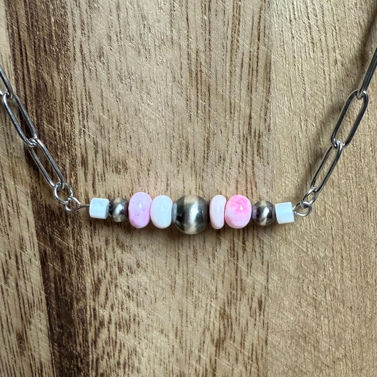 Sterling Silver Pearl & Pink Opal Bar Necklace