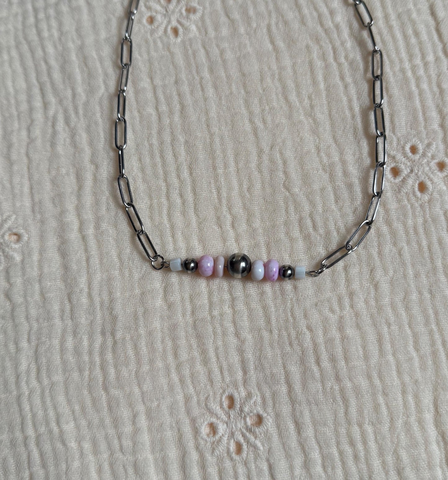 Sterling Silver Pearl & Pink Opal Bar Necklace