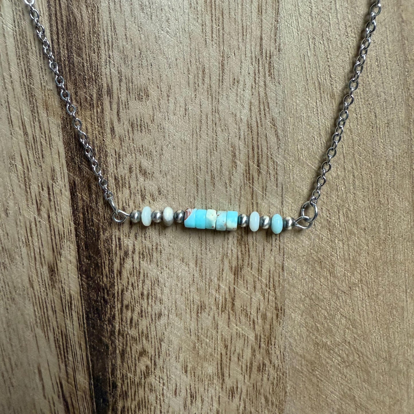 Sterling Silver Pearl & Blue Stone Bar Necklace "The Martha"