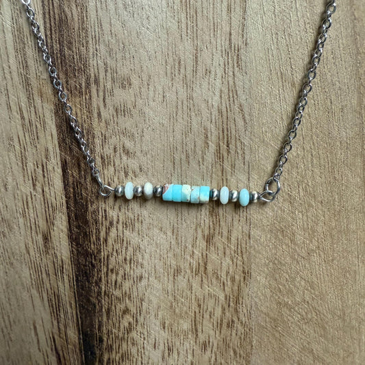 Sterling Silver Pearl & Blue Stone Bar Necklace "The Martha"
