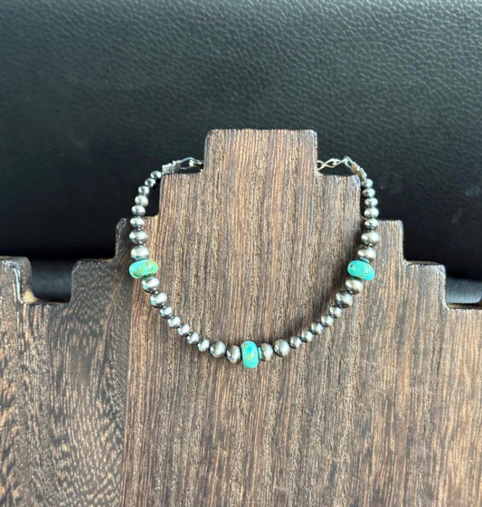 Sterling Silver Pearl and Kingman Turquoise Bracelet “The Leighton”